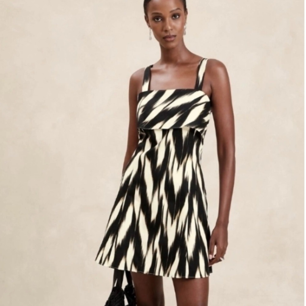 Banana Republic Factory Linen Blend Ikat Print Ruffle Mini Black White Size 6